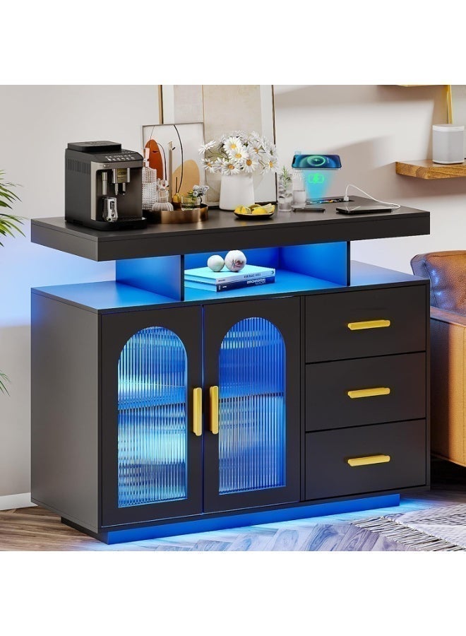 Eleva Home Sideboard Buffet Cabinet with Storage, 3 Drawers, 2 Doors, Auto-Sensor 20 Color Lights Console Table with Charging Station, Touch Control Console Coffee Bar Table for Kitchen, Dinning (Black) - Image 5